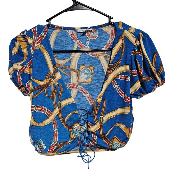 Fashion Nova Equestrian Chain Belt Print Top Blue Crop Top Size Large Lace Up - Picture 1 of 6